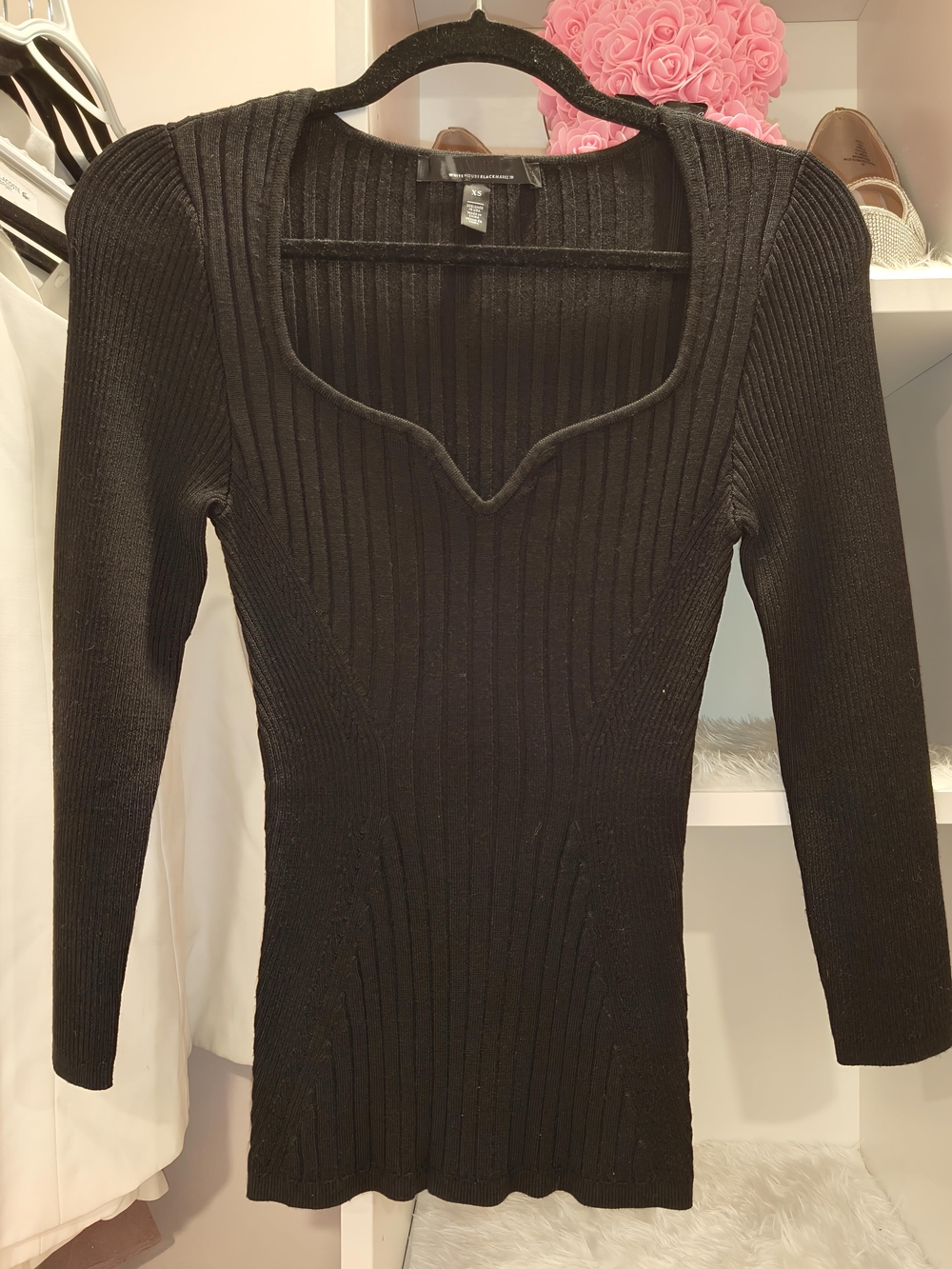 White House Black Market Black Ribbed Knit Long Sleeve Top